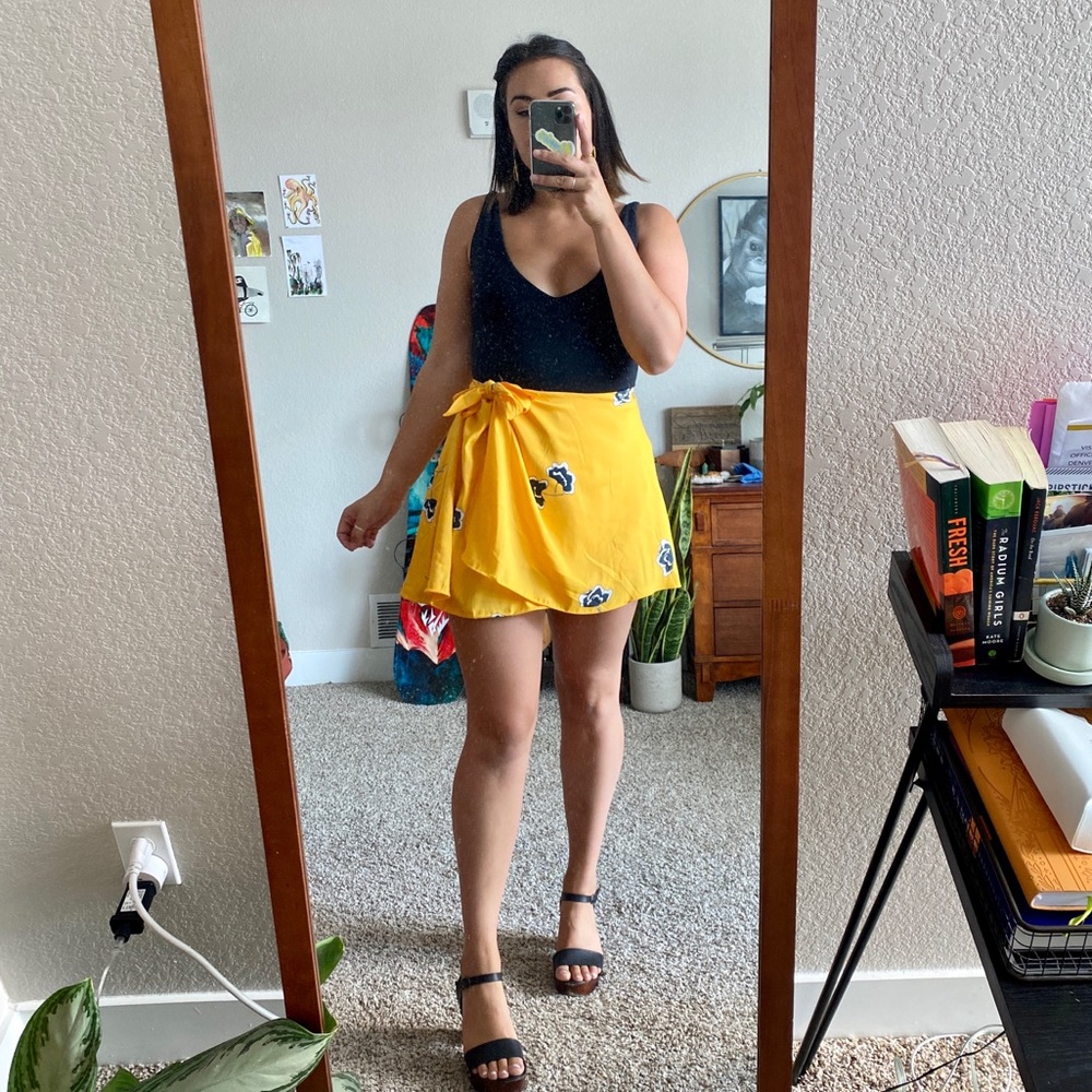 Hand Sewn Yellow Wrap Skirt with Blue Flowers